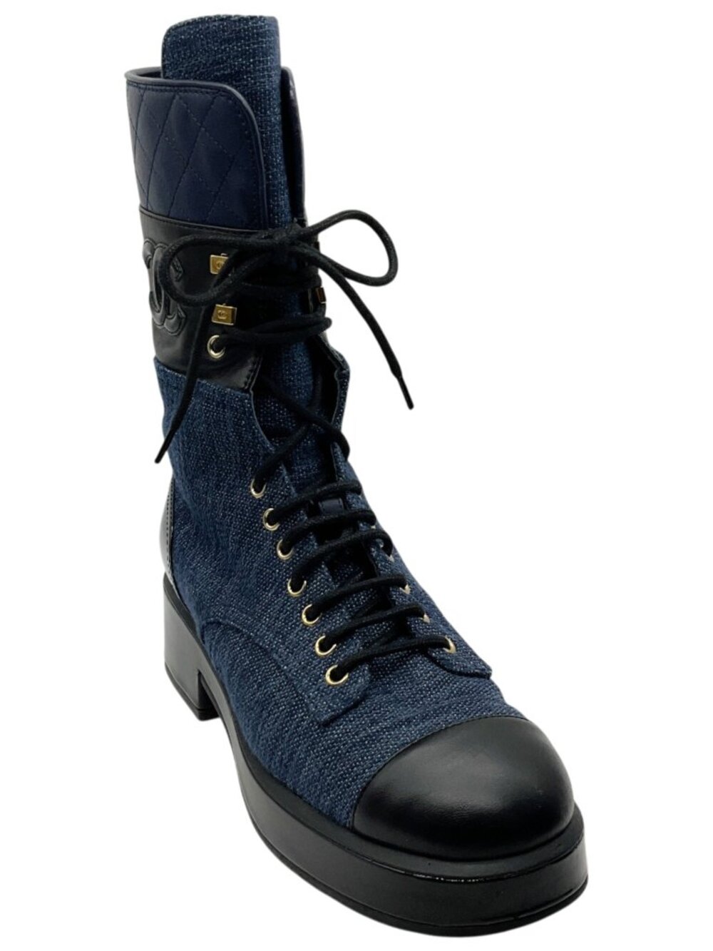 Chanel Blue Denim and Black Leather Lace Up Combat Boots